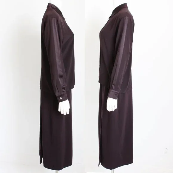 Escada Blouse & Long Skirt 2pc Set Burgundy Silk Wool Vintage 90s - Picture 4 of 7